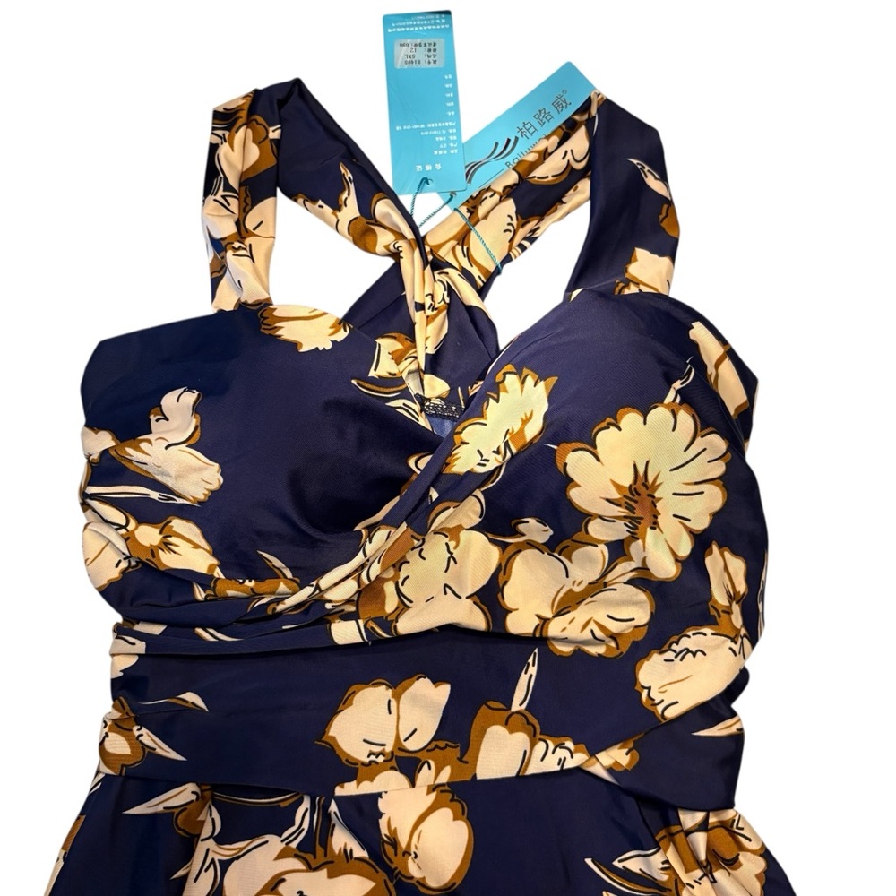 BALLEWEI NWT Floral Blue/Tan Swim-Dress in Size 5x -- Actual size is a 18W - Picture 4 of 9